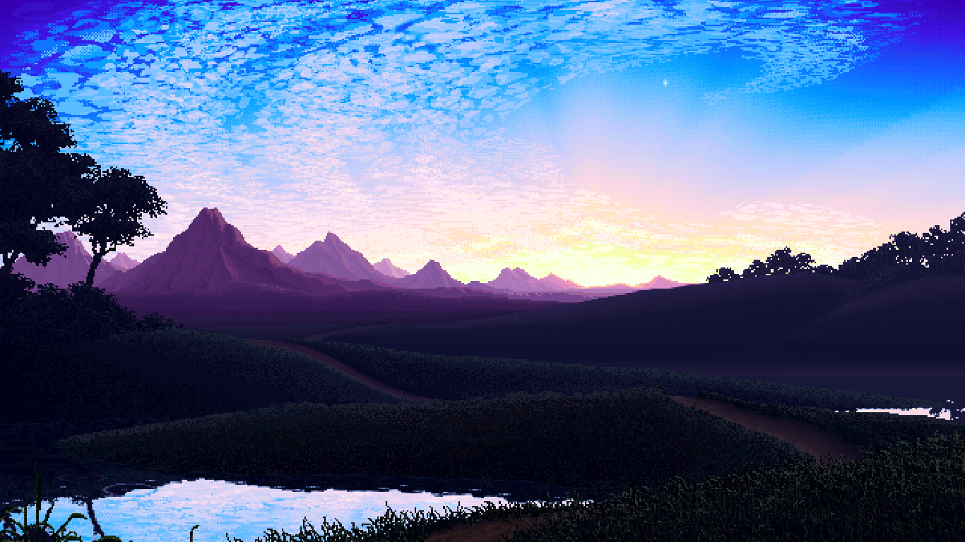 Wallpaper Blue, Lake, Landscape, Pixel, Sky, Water