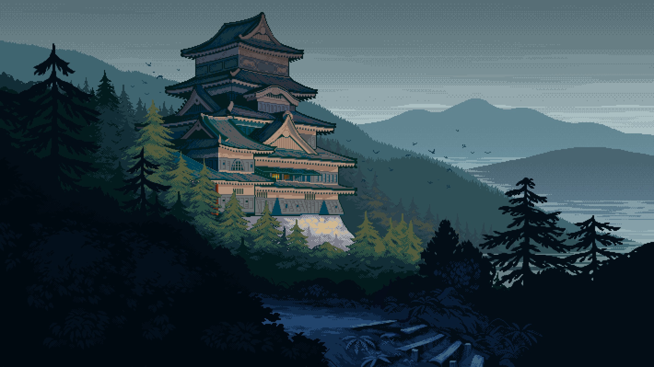 Pixel art wallpaper, Castle, Japan, Mountain, Pixel Art