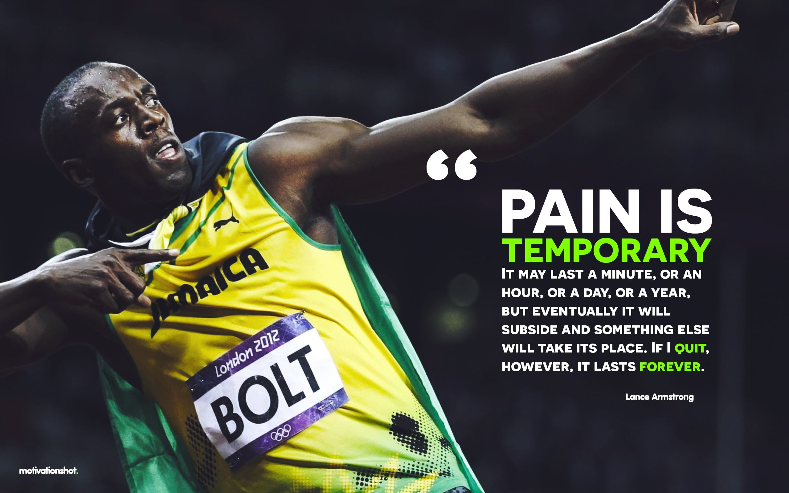 Wallpaper yellow jersey with text overlay, Usain Bolt, running, motivational