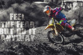 Wallpaper yellow dirt bike with text overlay, feelings, quote, black, white