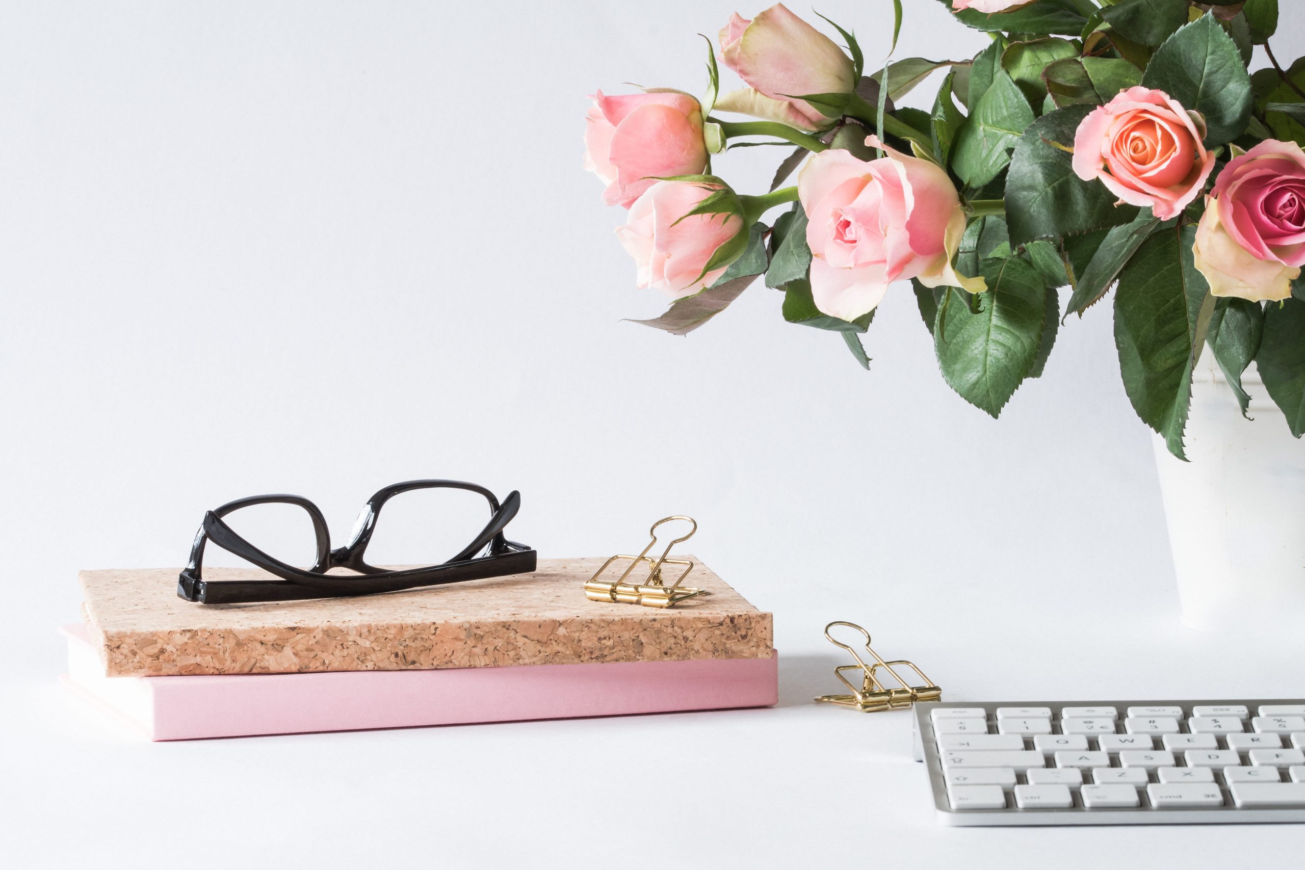 Wallpaper Eyeglasses on Book Beside Rose and Keyboard, bloom, blooming