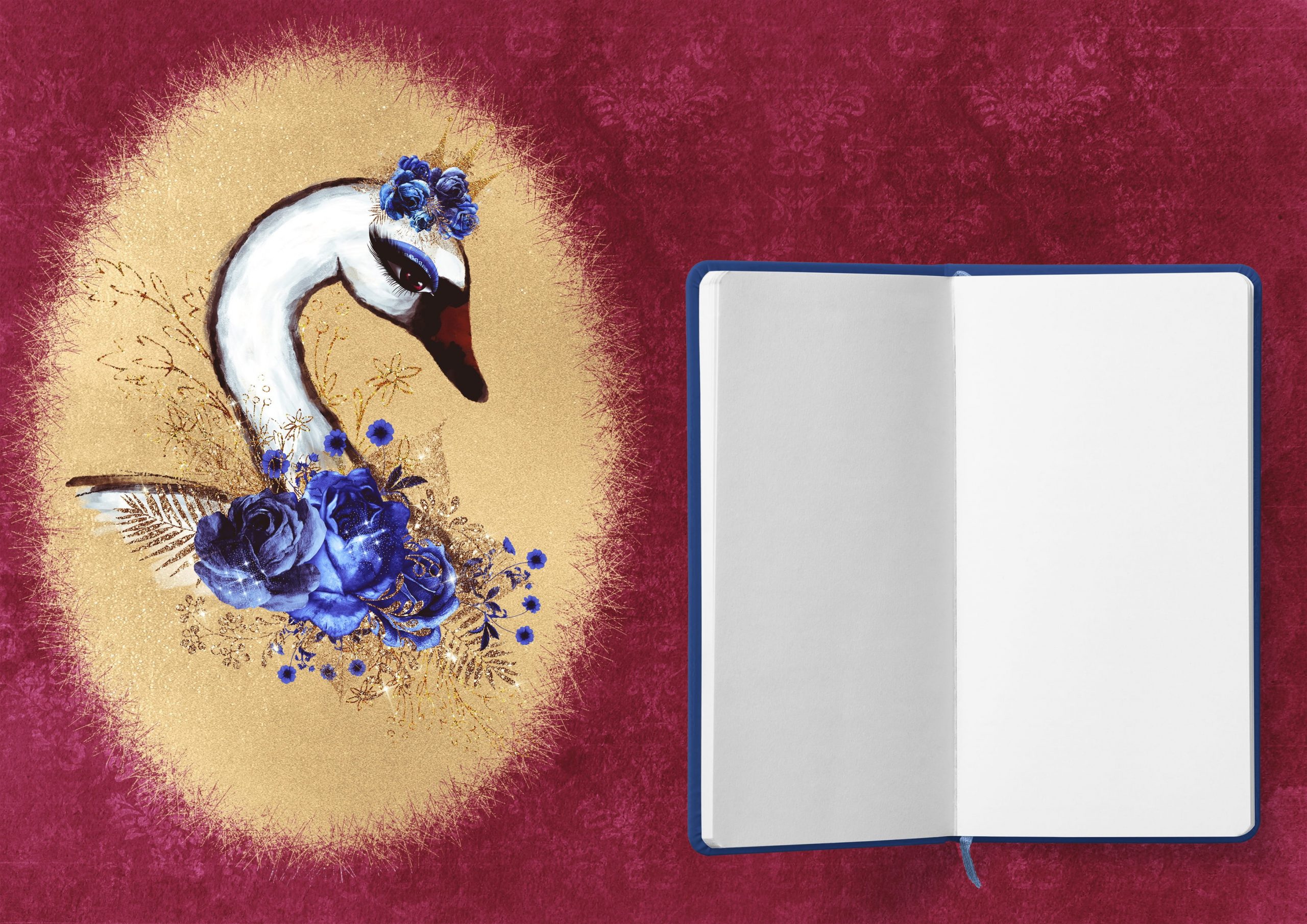Wallpaper diary, swan, roses, frame, flowers, background, blue, gold