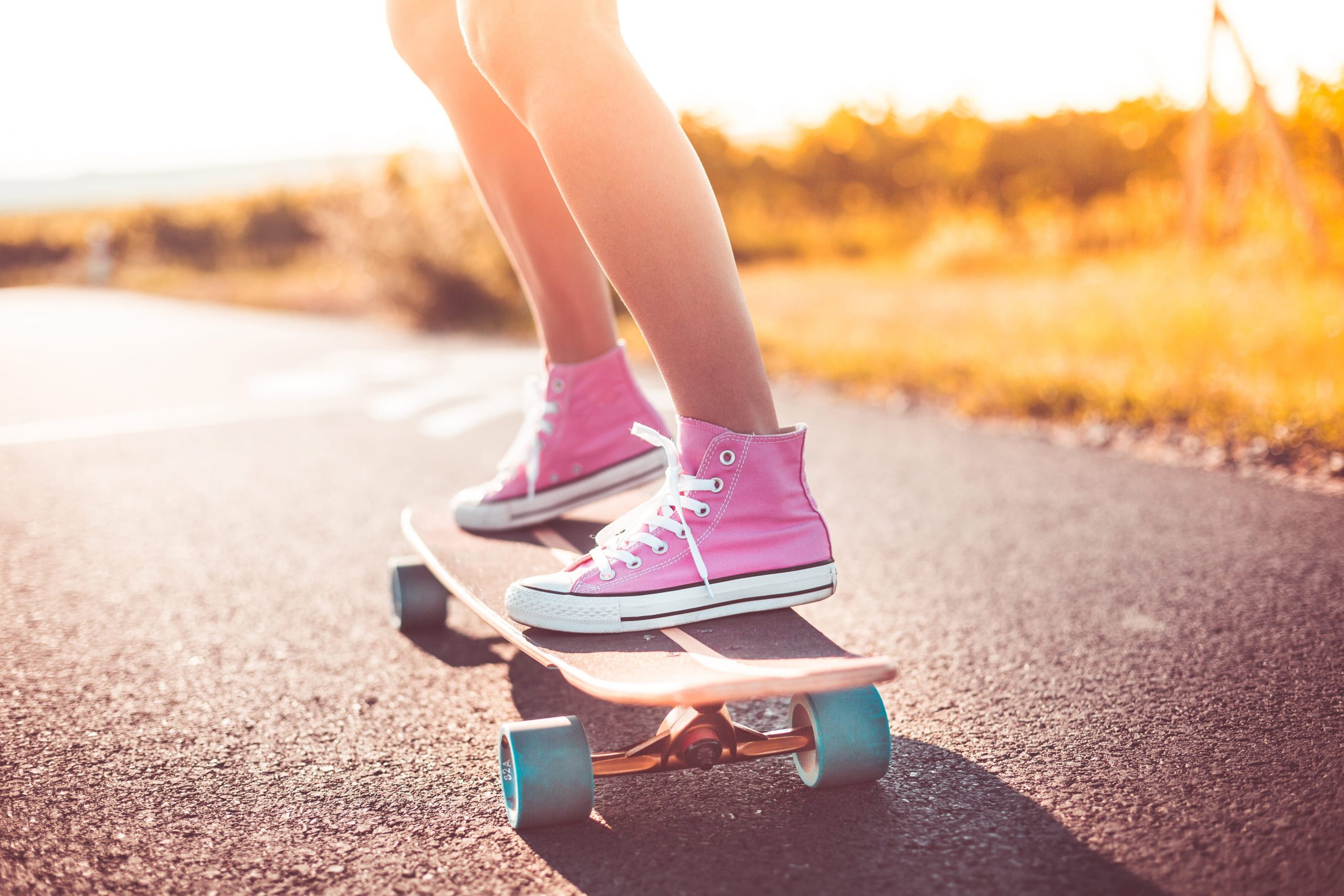 Wallpaper Young Girl with Pink Shoes Riding a Longboard, active, crazy