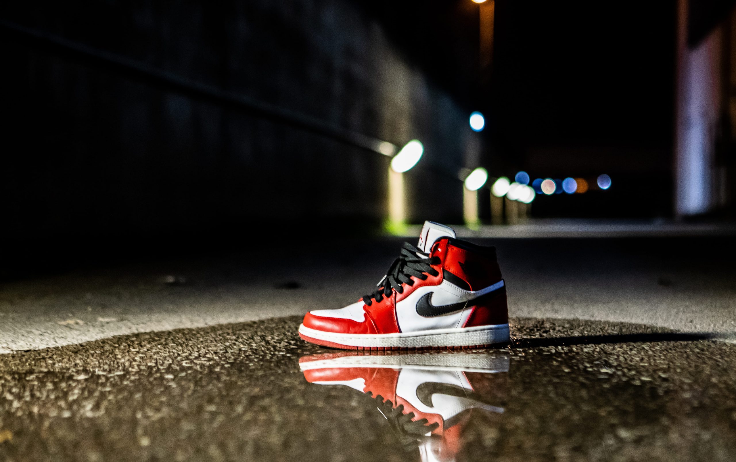 Wallpaper red and white Air Jordan 1 shoe on concrete floor, apparel, clothing