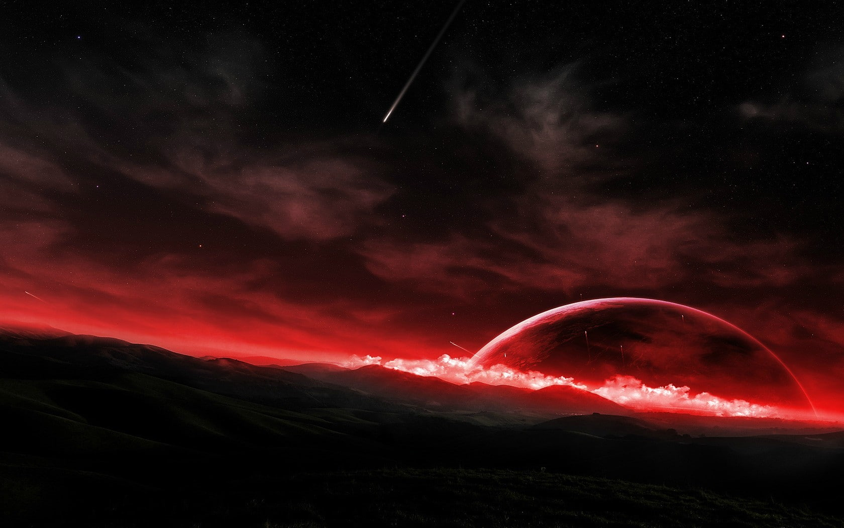 White clouds with red light digital wallpaper, space, landscape