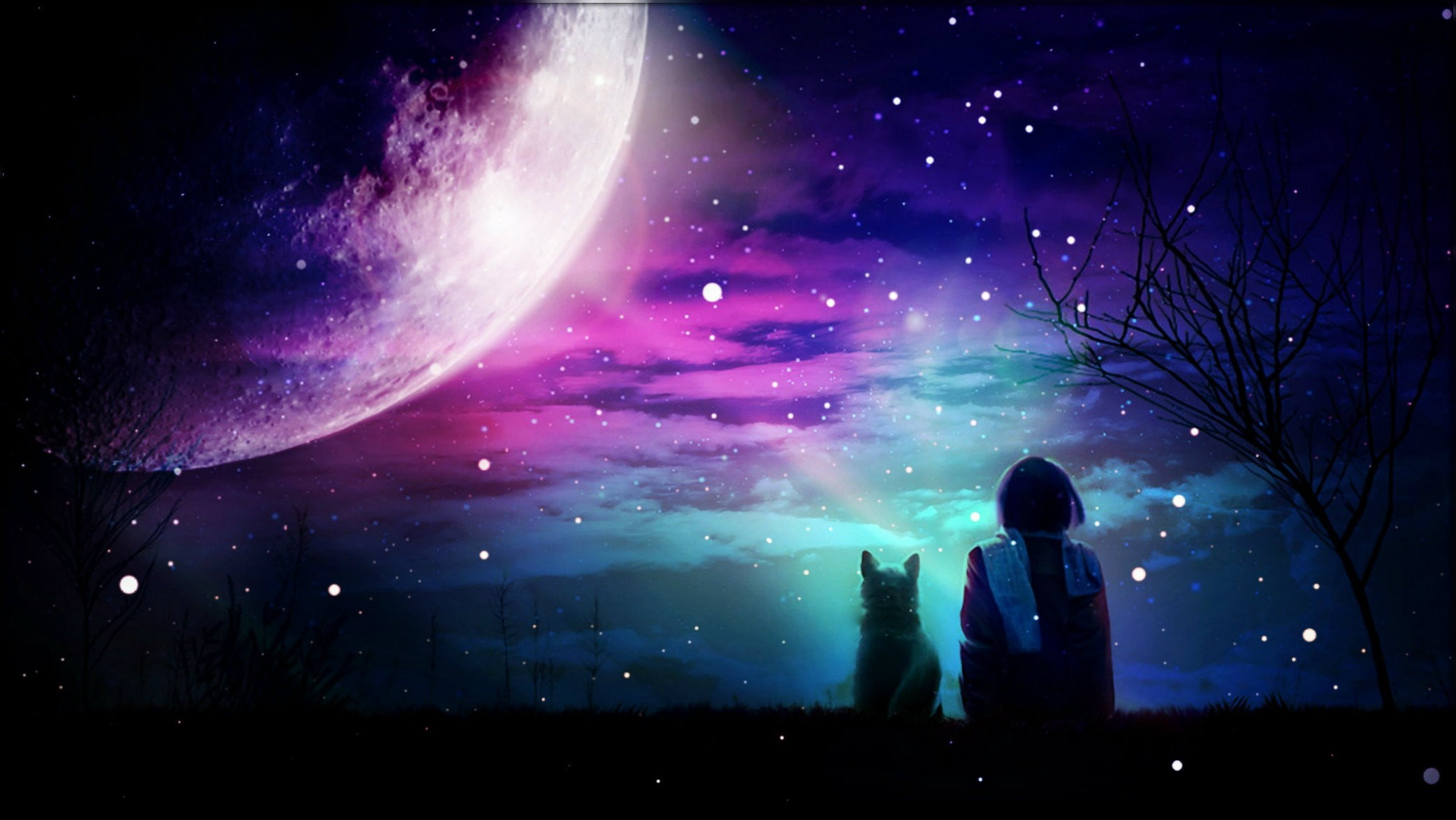 Wallpaper earth moon with purple light illustration, artwork, digital art