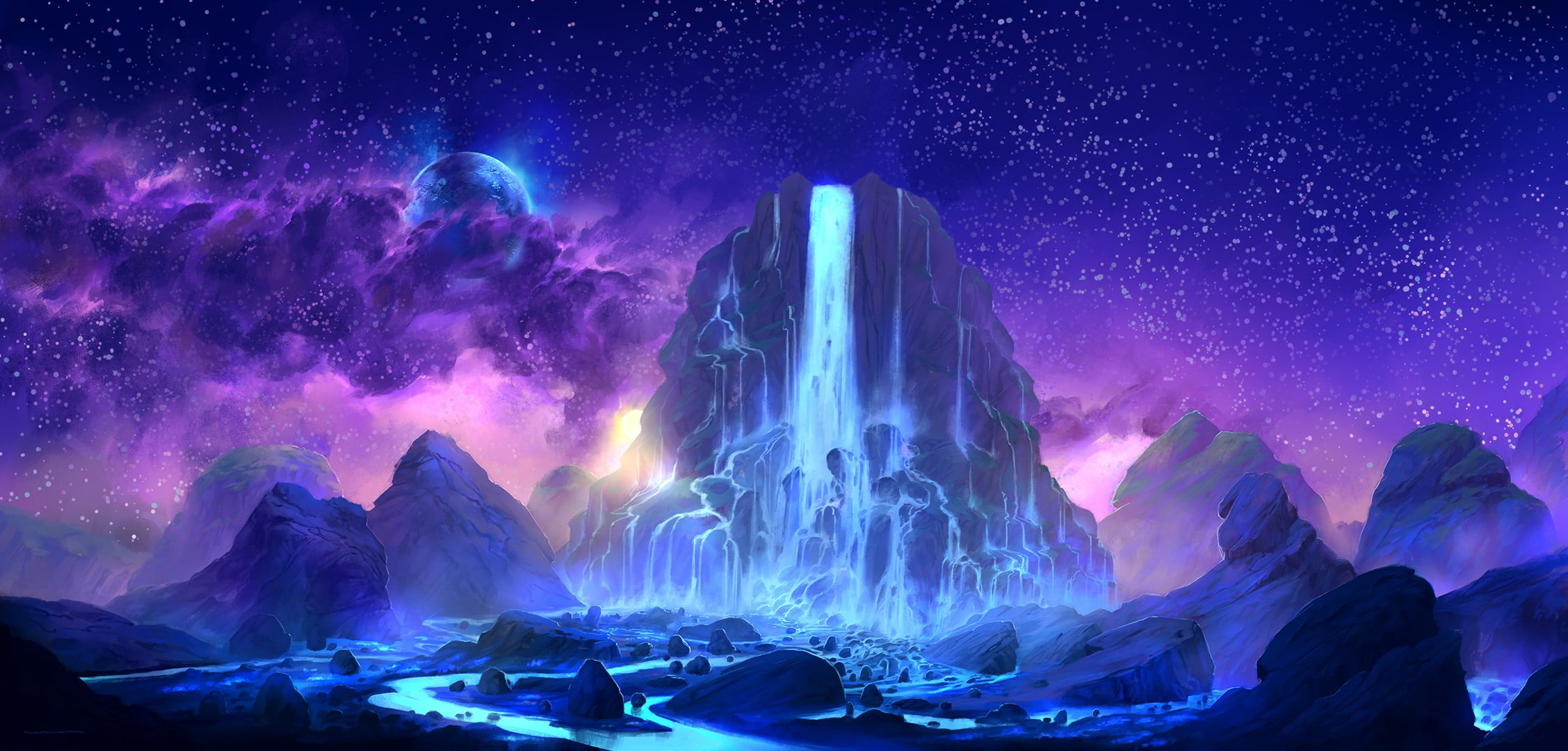 Wallpaper mountain and waterfall illustration, digital art, fantasy art