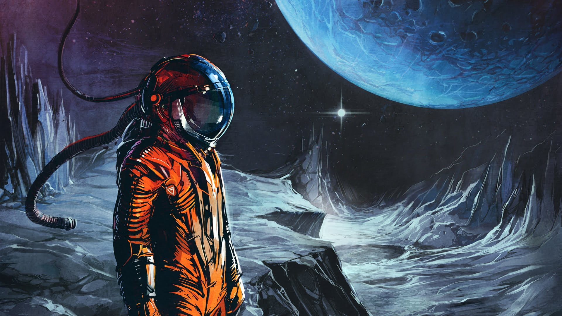 Wallpaper man in orange astronaut suit with moon wallpaper, man with helmet on moon painting