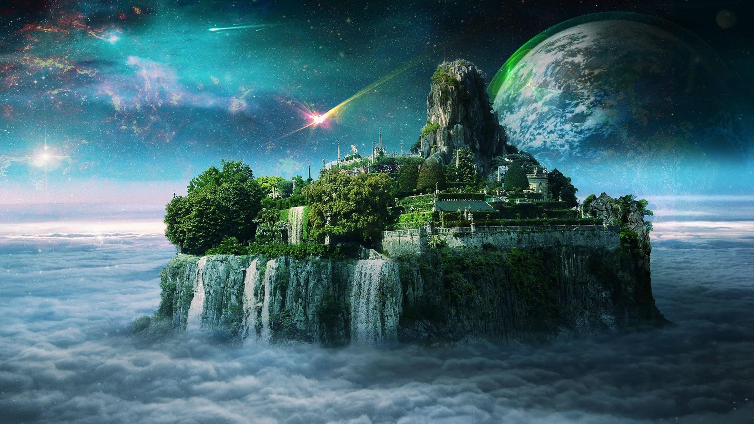 Fantasy art wallpaper, space art, waterfall, island, castle, city, sky