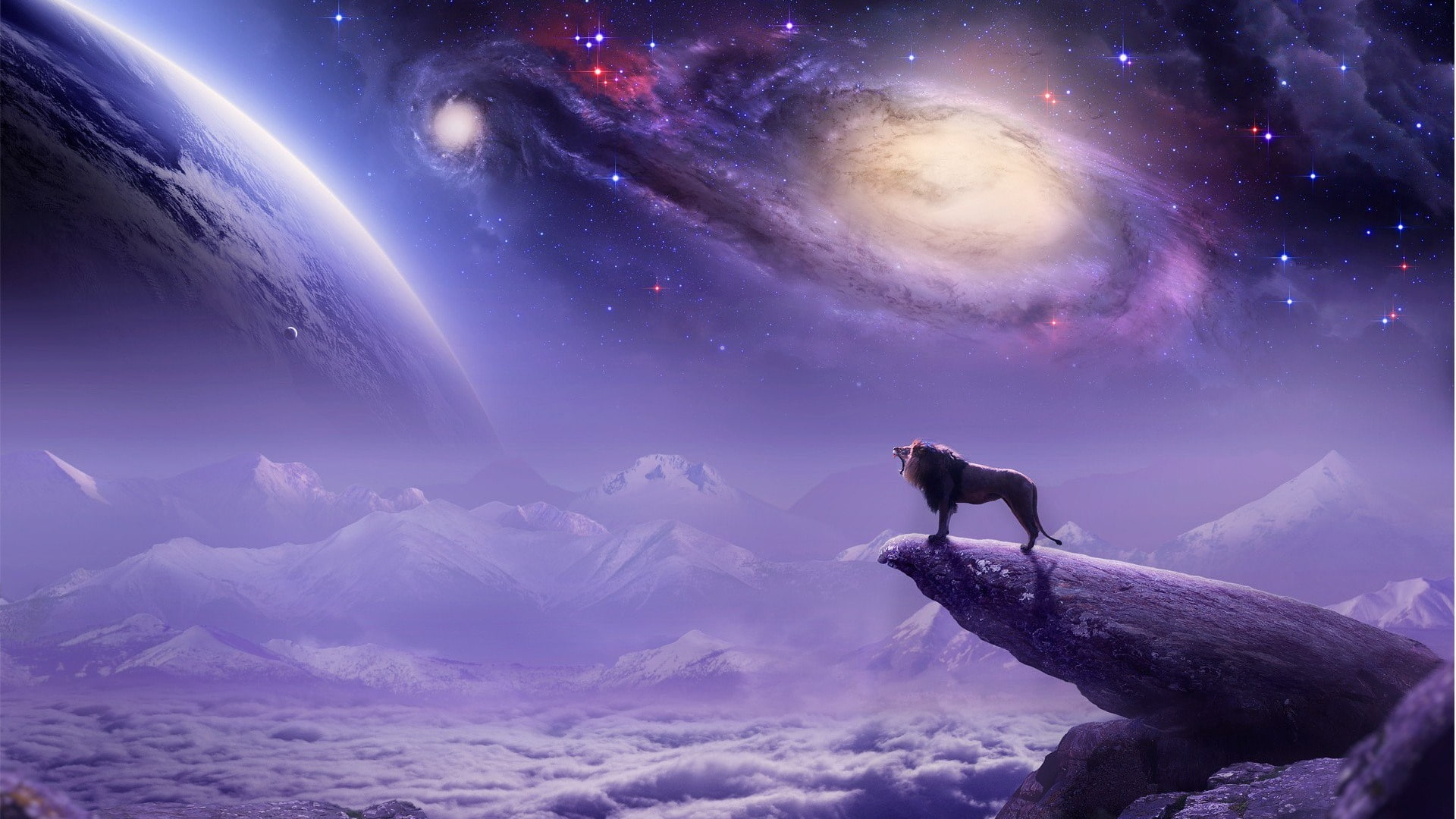 Nature wallpaper, roar, universe, space, fantasy art, lion, purple, sky