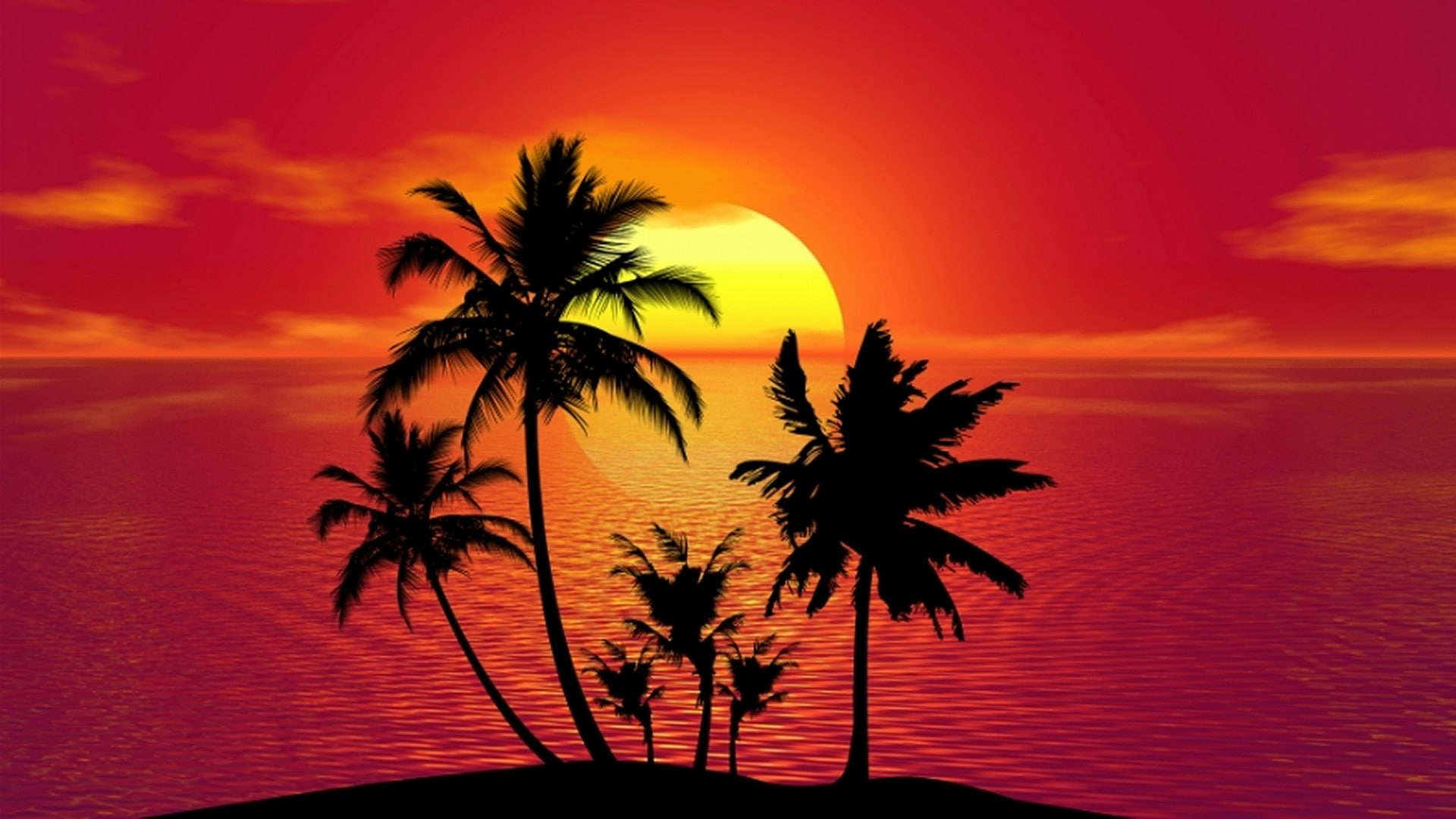 Palms, silhouette, palm tree, sunset, red sky, red sunset, tropics wallpaper