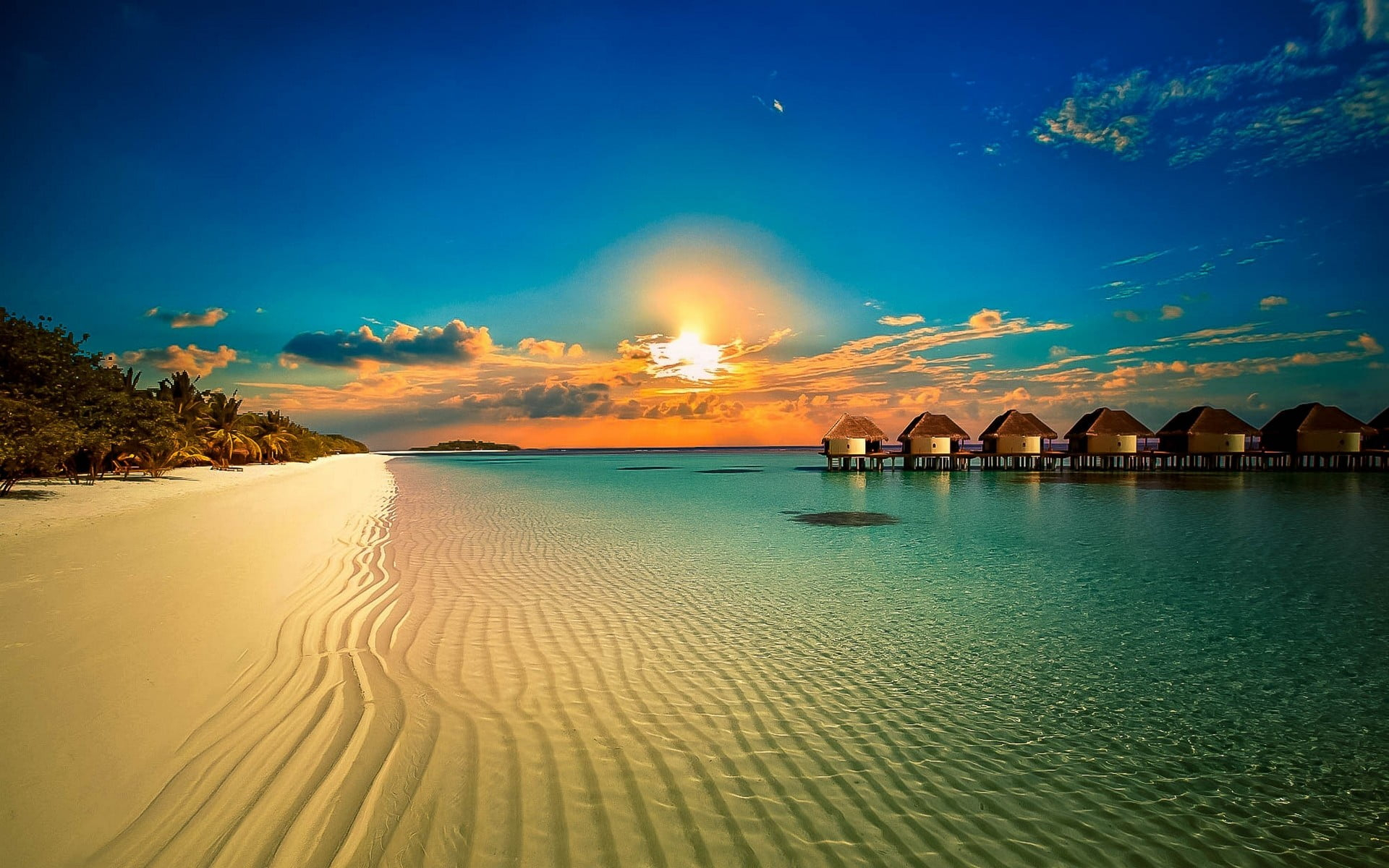 White sand, landscape, nature, beach, resort, palm trees, sunset wallpaper