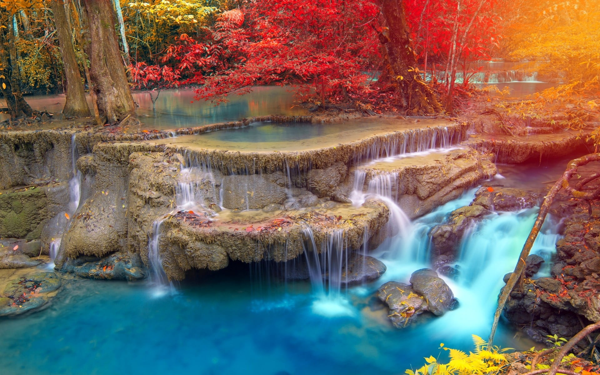 painting of river in forest, waterfalls painting, landscape, nature wallpaper