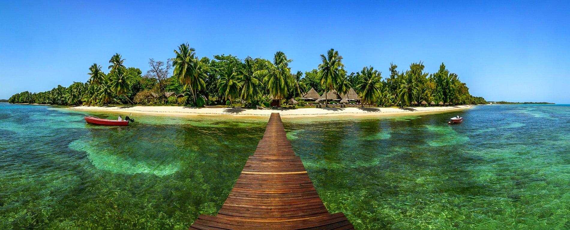 Beige island, nature, landscape, dock, palm trees, beach, boat wallpaper