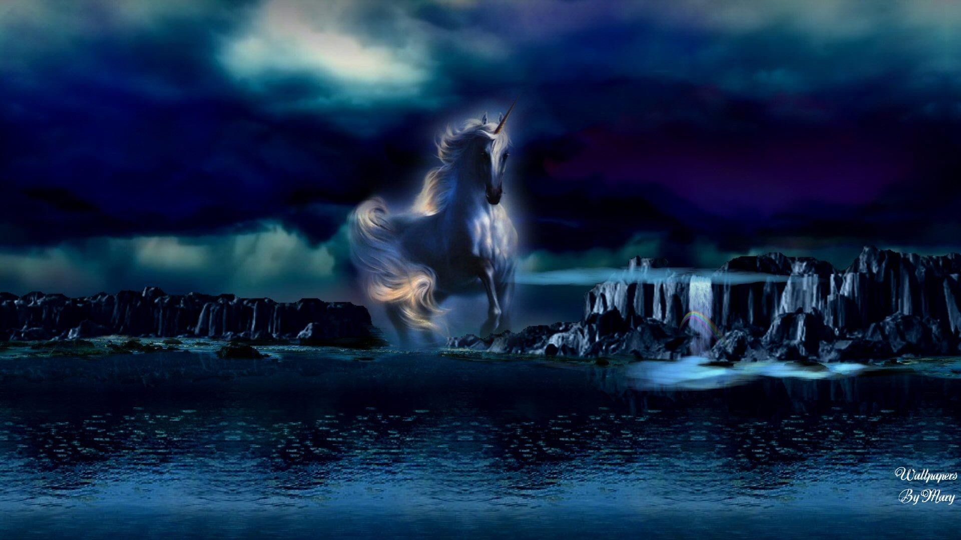 Midnight Blue 1920×1080, fantasy, unicorn wallpaper, water, waterfalls