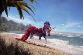 Purple and red horse standing near body of water, creature, artwork, unicorn wallpaper
