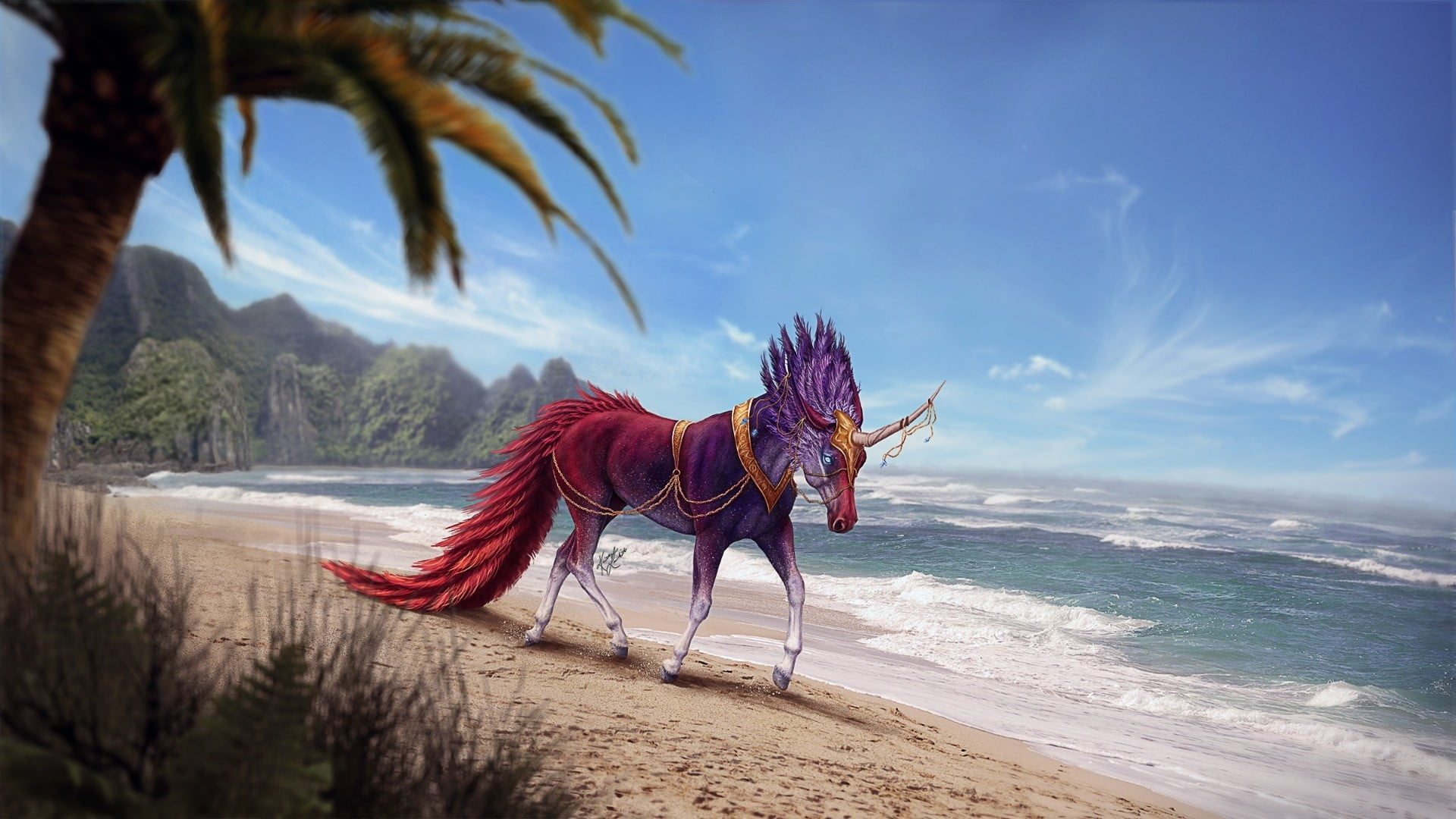 Purple and red horse standing near body of water, creature, artwork, unicorn wallpaper
