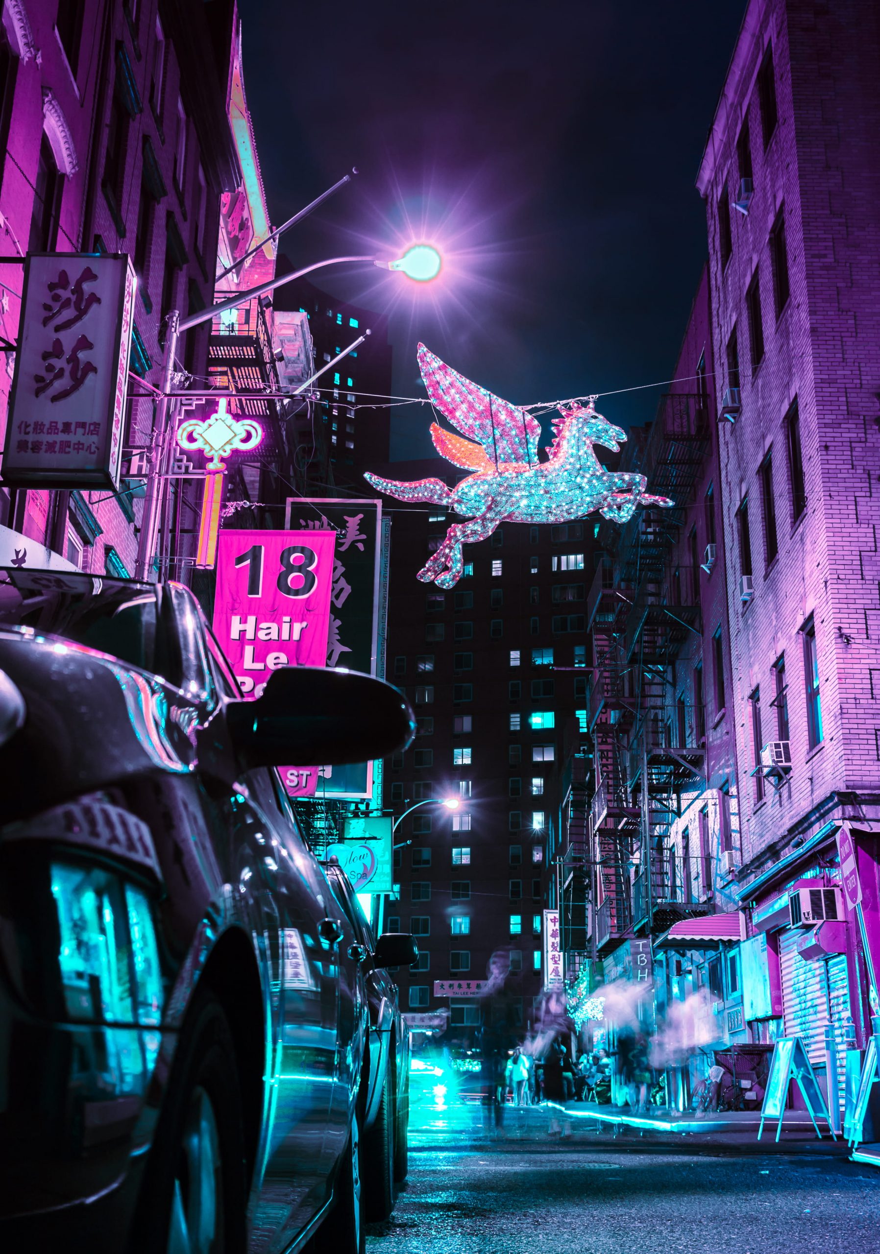 Unicorn wallpaper flying near road, street, sign, car, wing, neon, cyberpunk