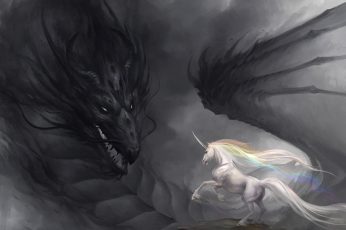 Unicorn wallpaper and dragon, unicorn and dragon painting, fantasy, 1920×1200