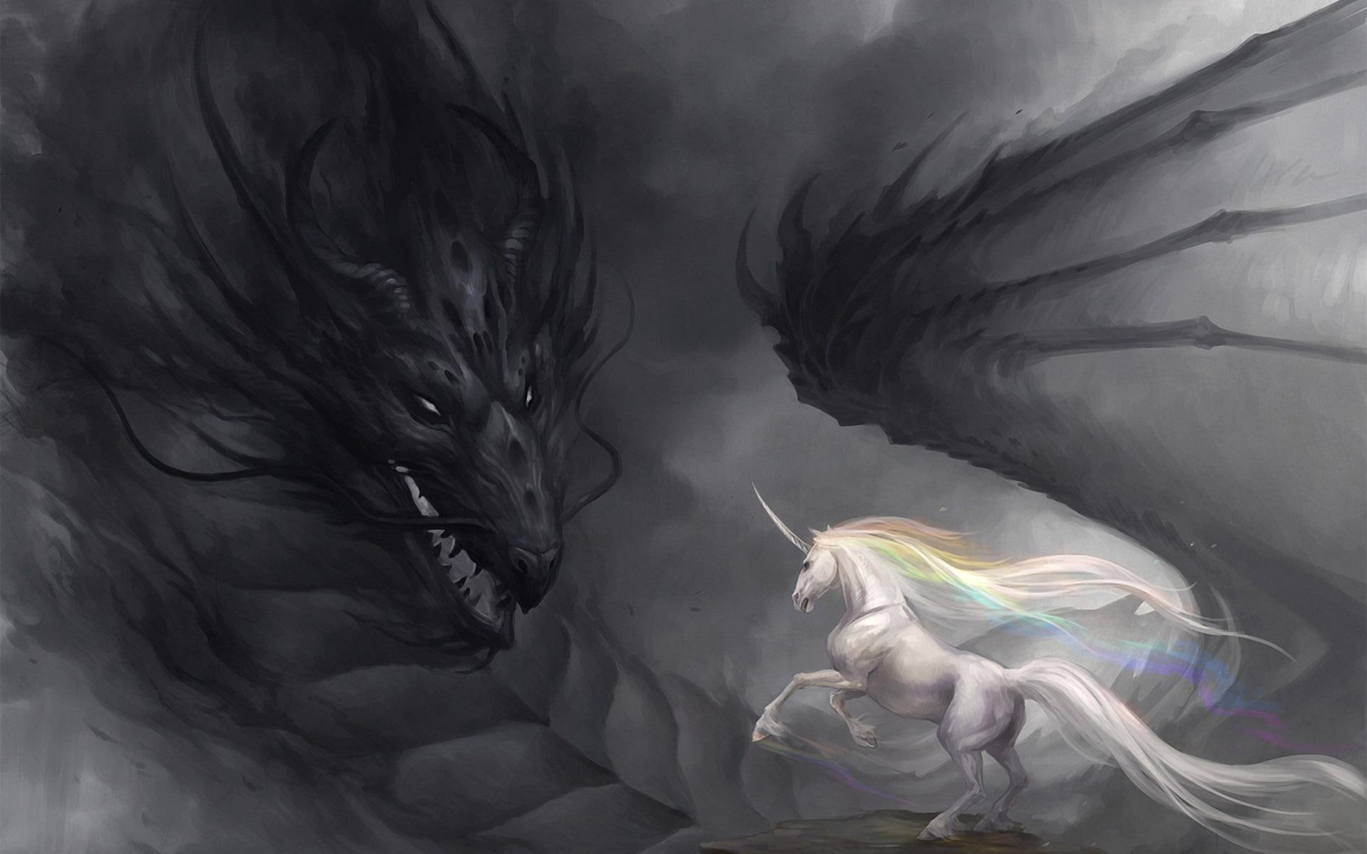 Unicorn wallpaper and dragon, unicorn and dragon painting, fantasy, 1920x1200