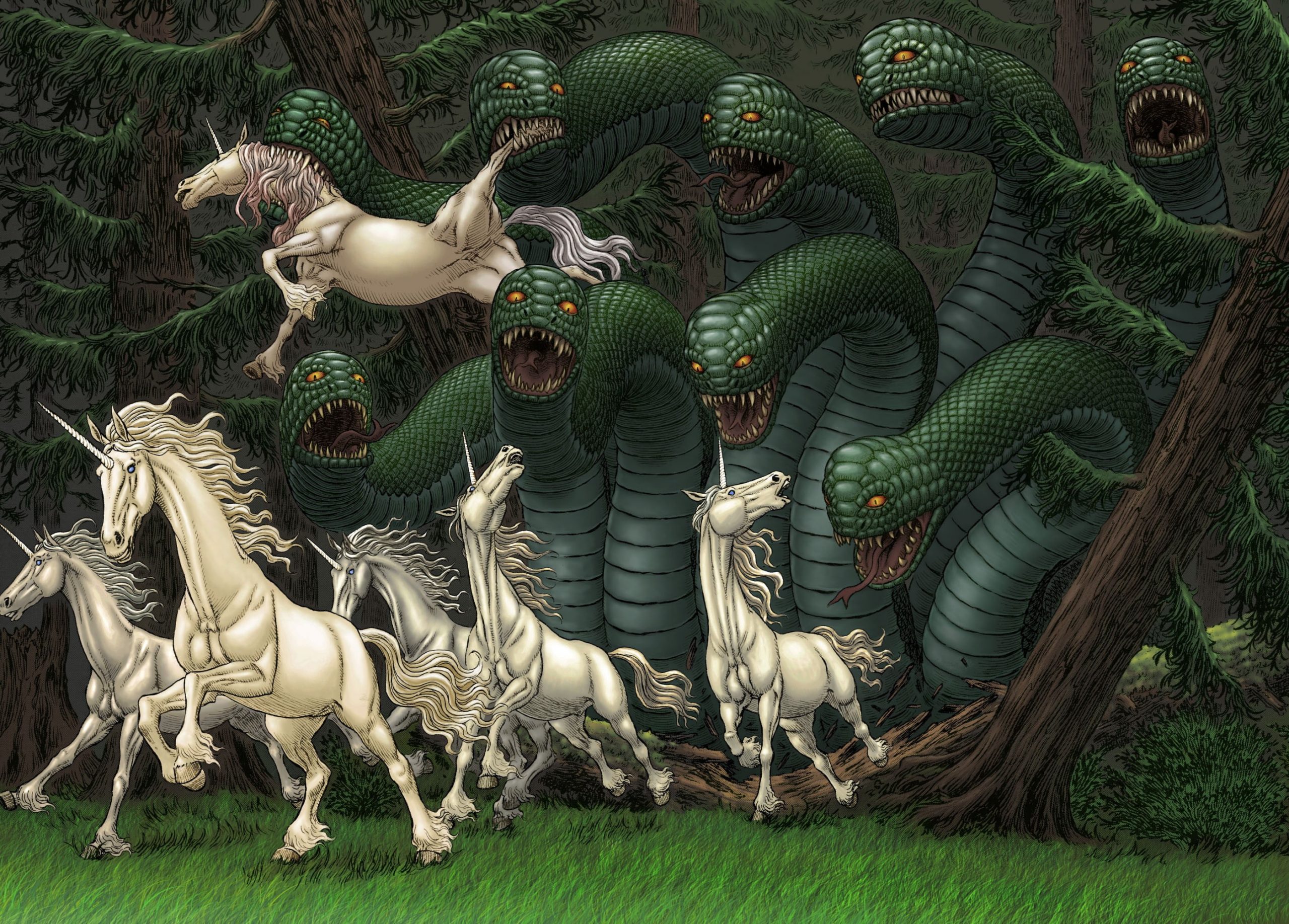 Group of unicorns running away from monster artwork, Kentaro Miura