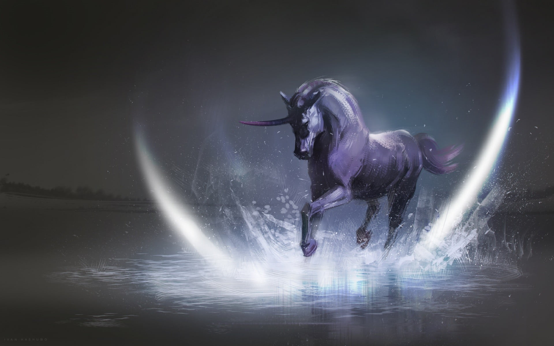 Gray unicorn digital wallpaper, artwork, fantasy art, unicorn wallpaper