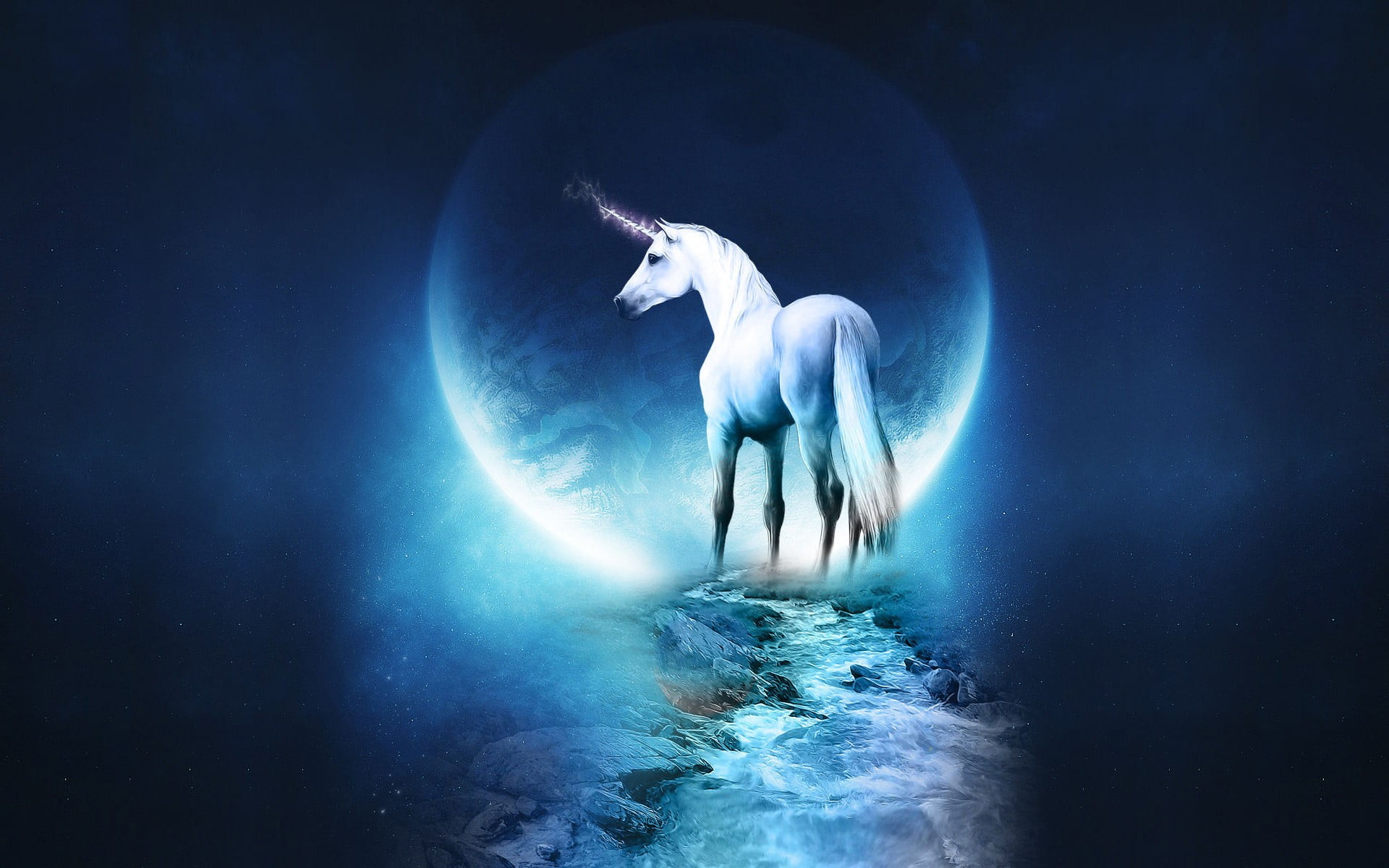 White unicorn graphic wallpaper, unicorns, blue, nature, water