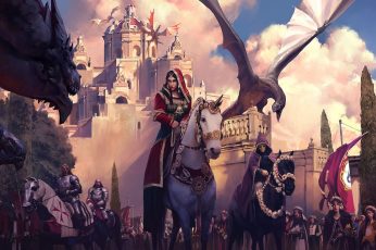 Unicorn wallpaper, digital art, women, warrior, army, flag, mask, dragon, castle
