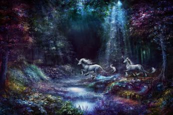 Unicorn wallpaper, Forest, purple, grass, rays, light, trees, flowers, nature