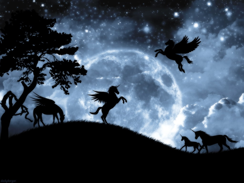 Fantasy night, luna, luminos, unicorn, horse, silhouette, pegasus