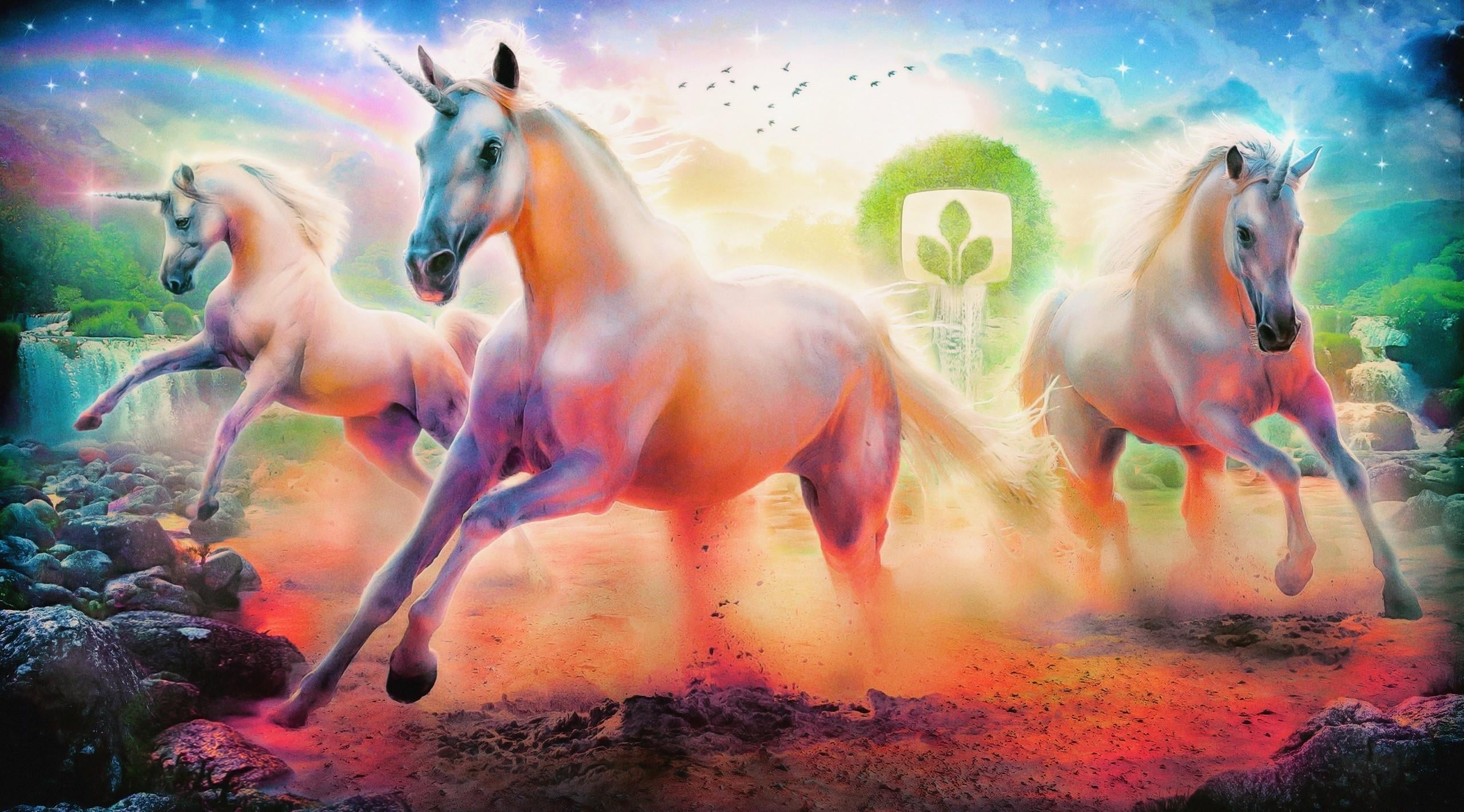 Three white horses illustration, unicorn wallpaper, rainbow, emblem, tree