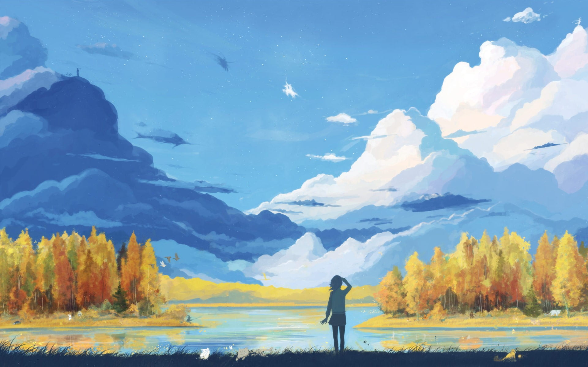 Person standing near body of water painting, silhouette of person looking at mountain near body of water painting