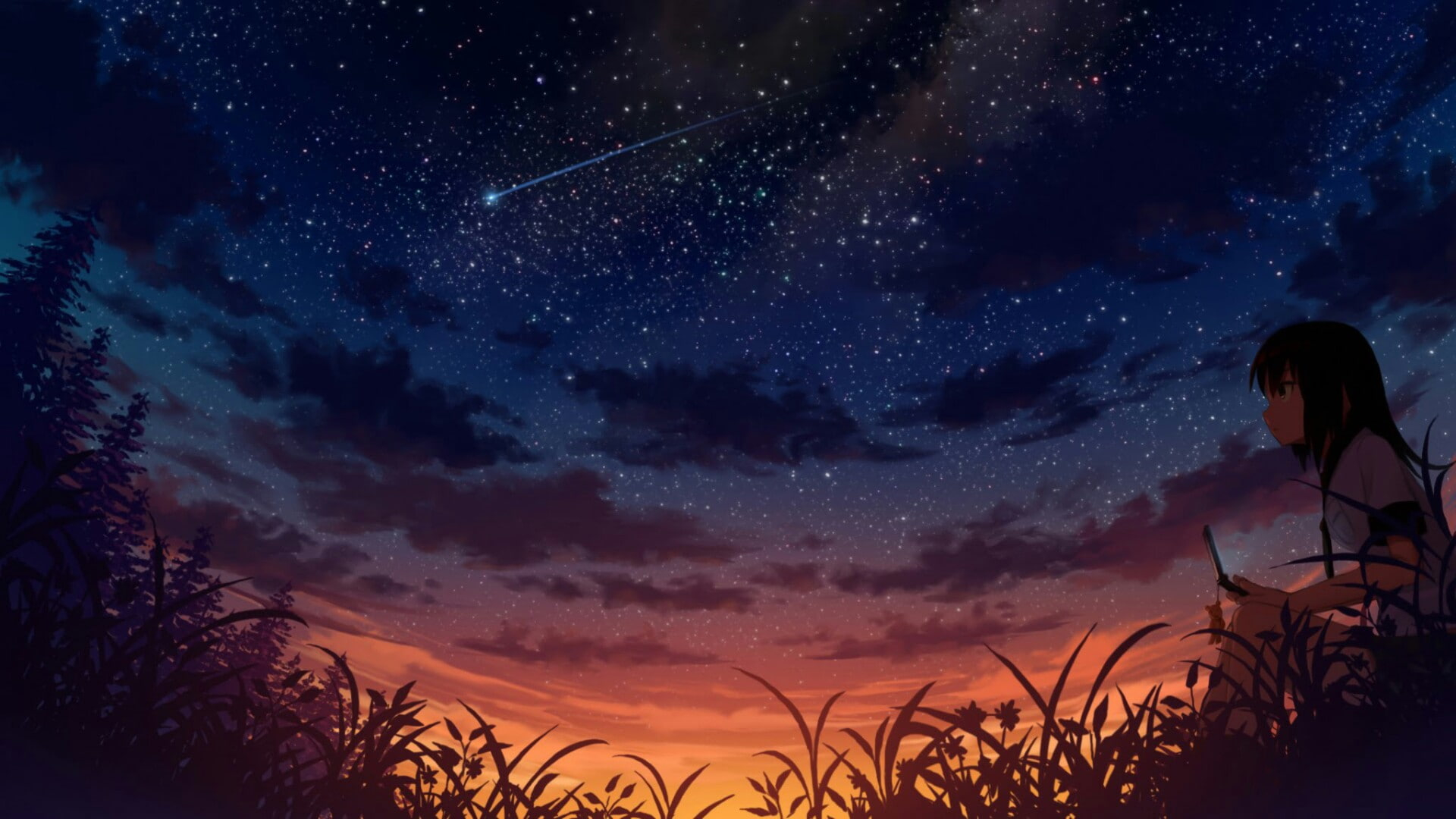 Sky, anime, beautiful, girl, nature, atmosphere, darkness, night