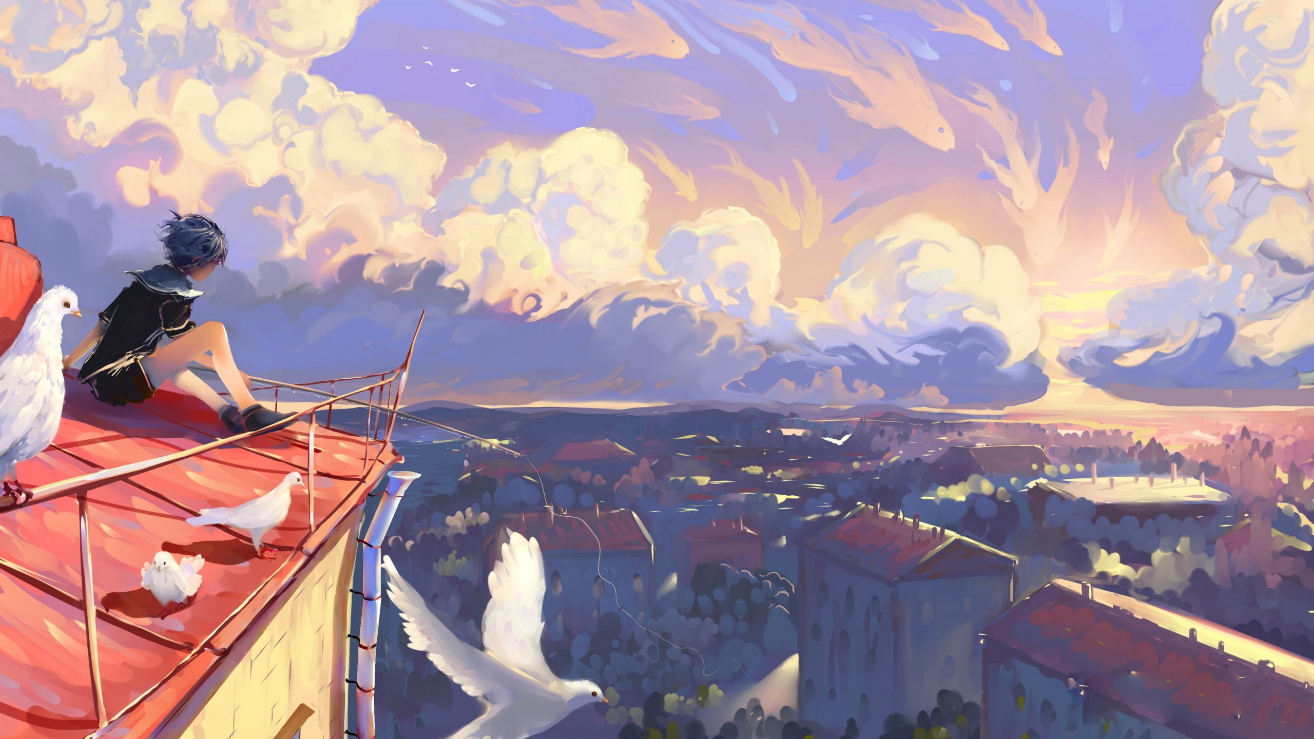Man on top of the roof painting, artwork, illustration, sunset