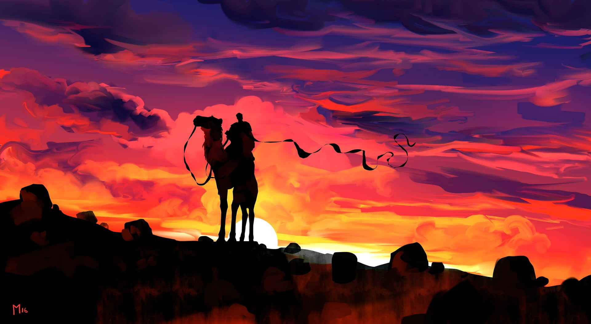 Person riding on camel painting, illustration, fantasy art, sunset