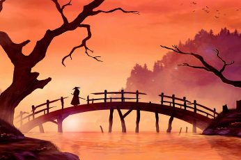 Samurai, bridge, painting art, sunset, river, landscape, branch