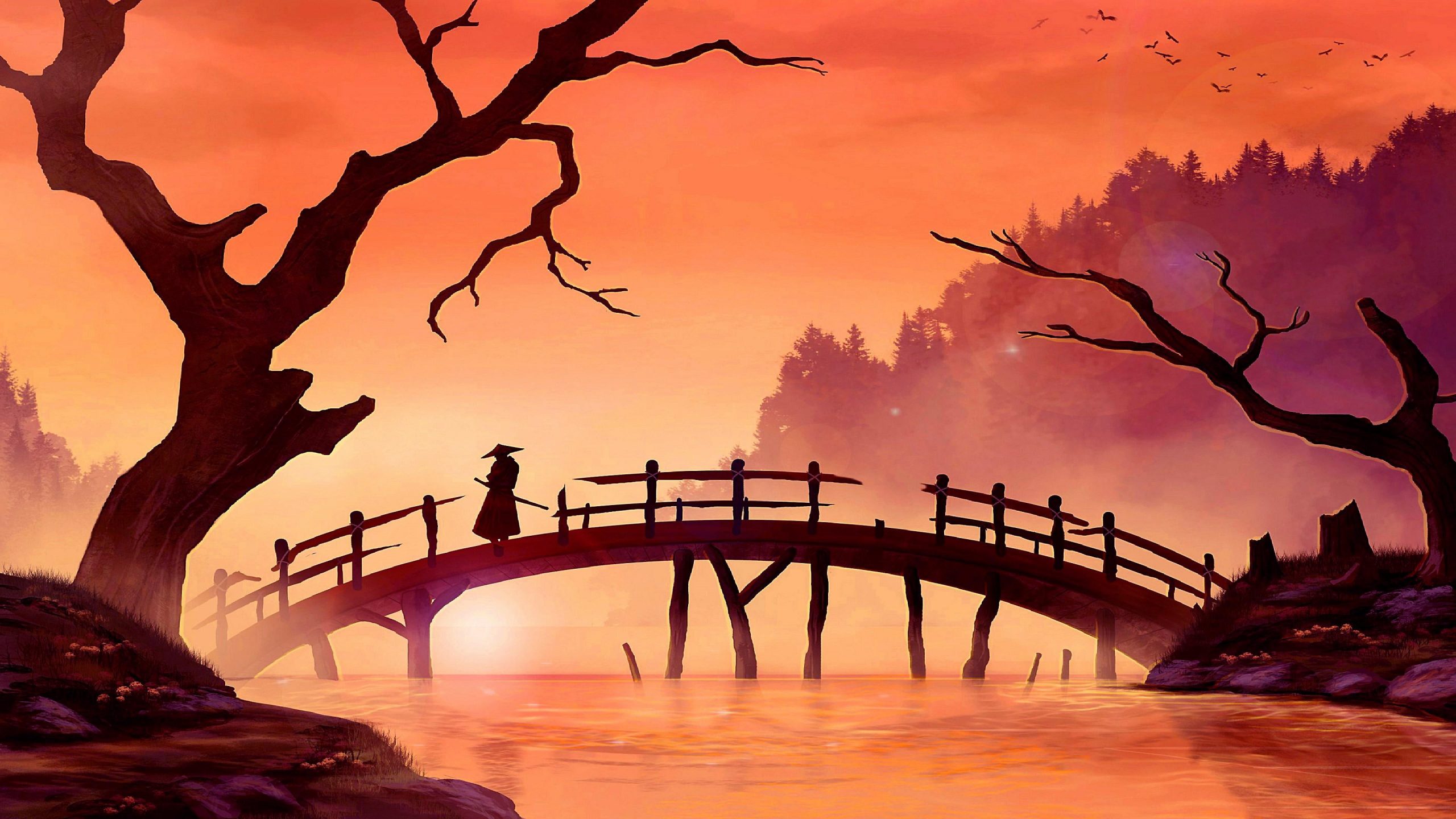 Samurai, bridge, painting art, sunset, river, landscape, branch