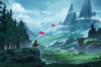 Illustration, women, landscape, mountains, forest, umbrella