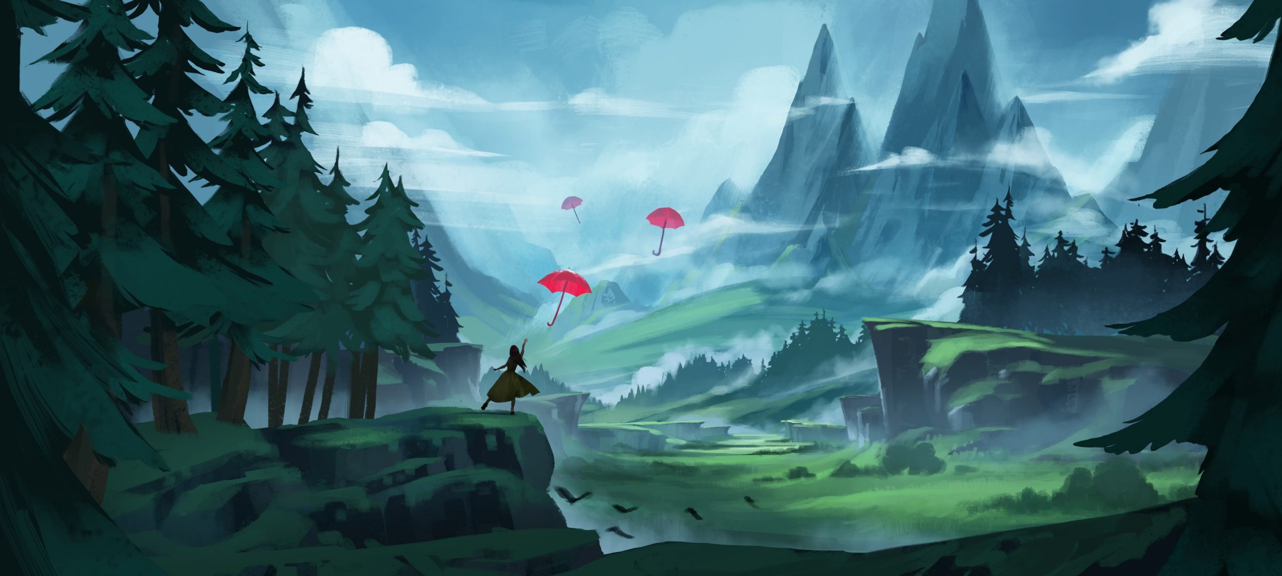 Illustration, women, landscape, mountains, forest, umbrella