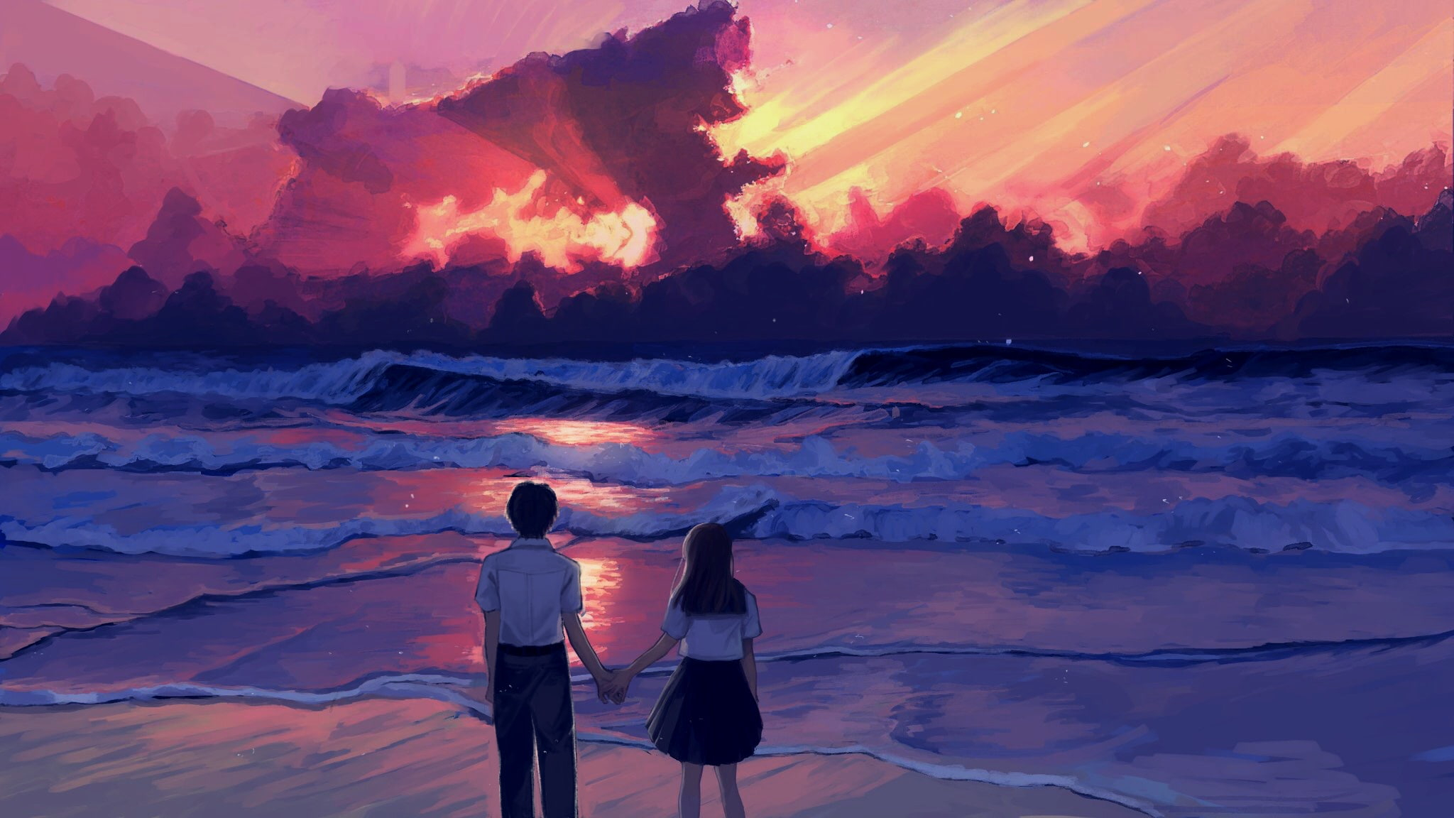 Anime wallpaper, illustration, landscape, sea, sunset, painting, digital art