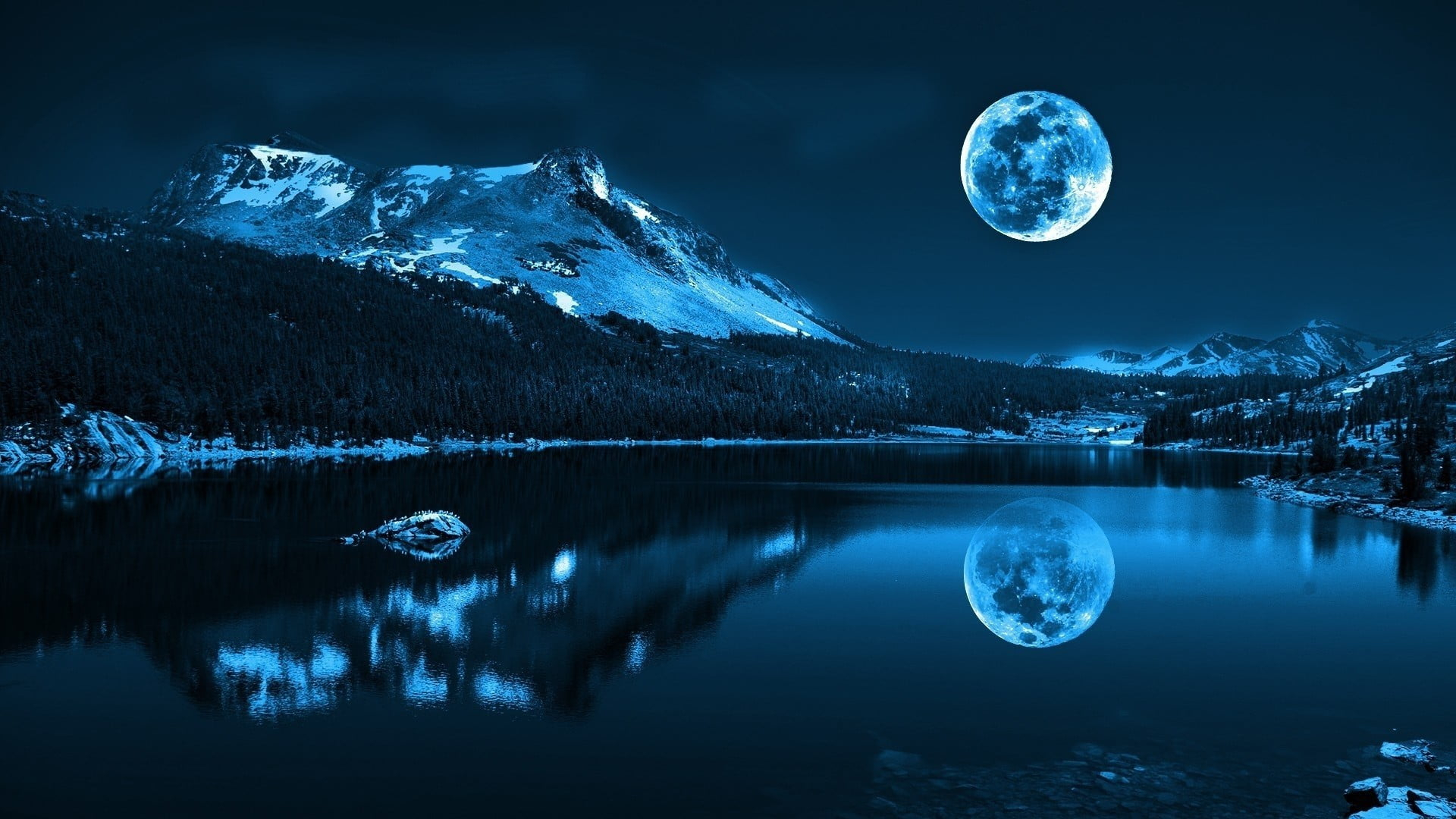 Reflection of snowy mountain on body of water under full-moon wallpaper