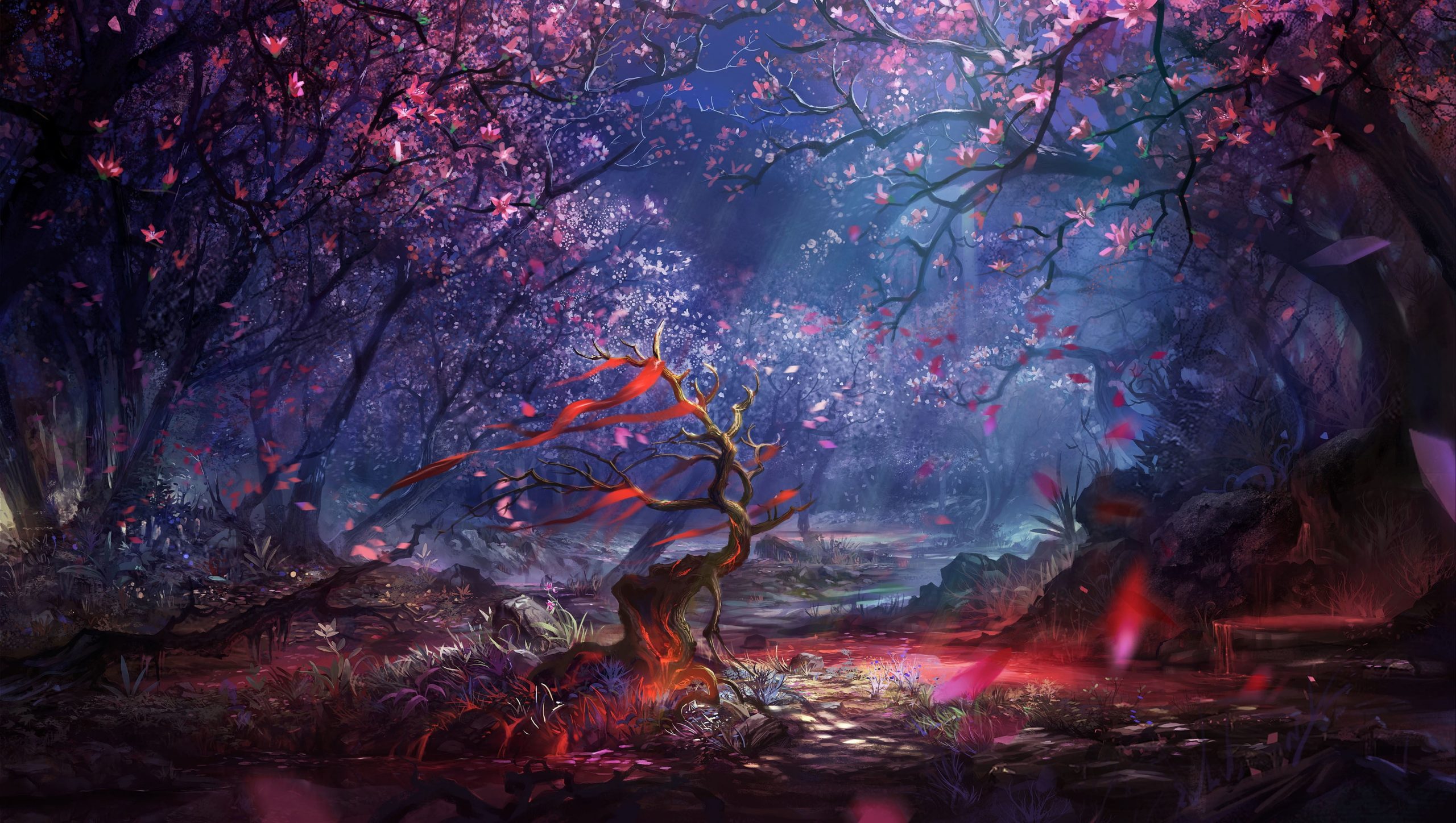 Pink and brown trees digital wallpaper, artwork, fantasy art