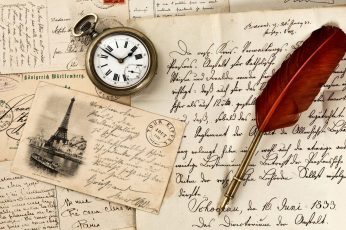 white and gold-colored pocket watch, vintage wallpaper, old paper, pen