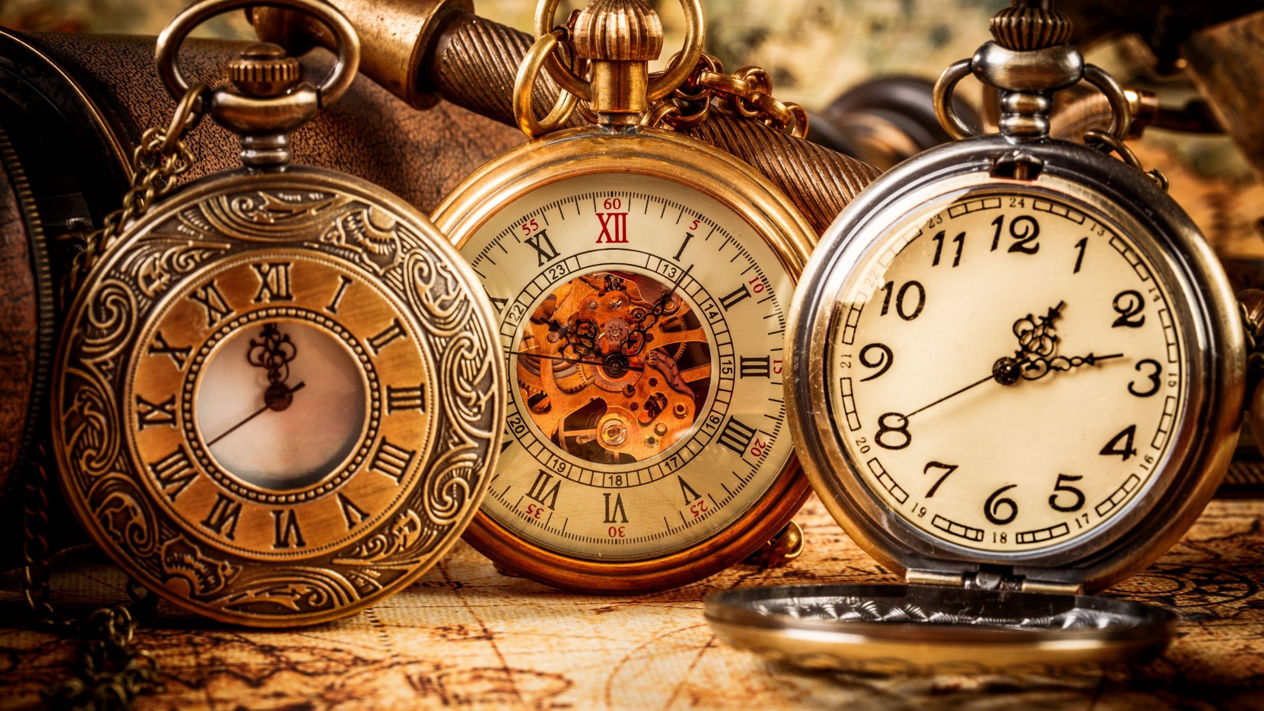 three silver-colored and gold-colored pocket watches, clocks wallpaper