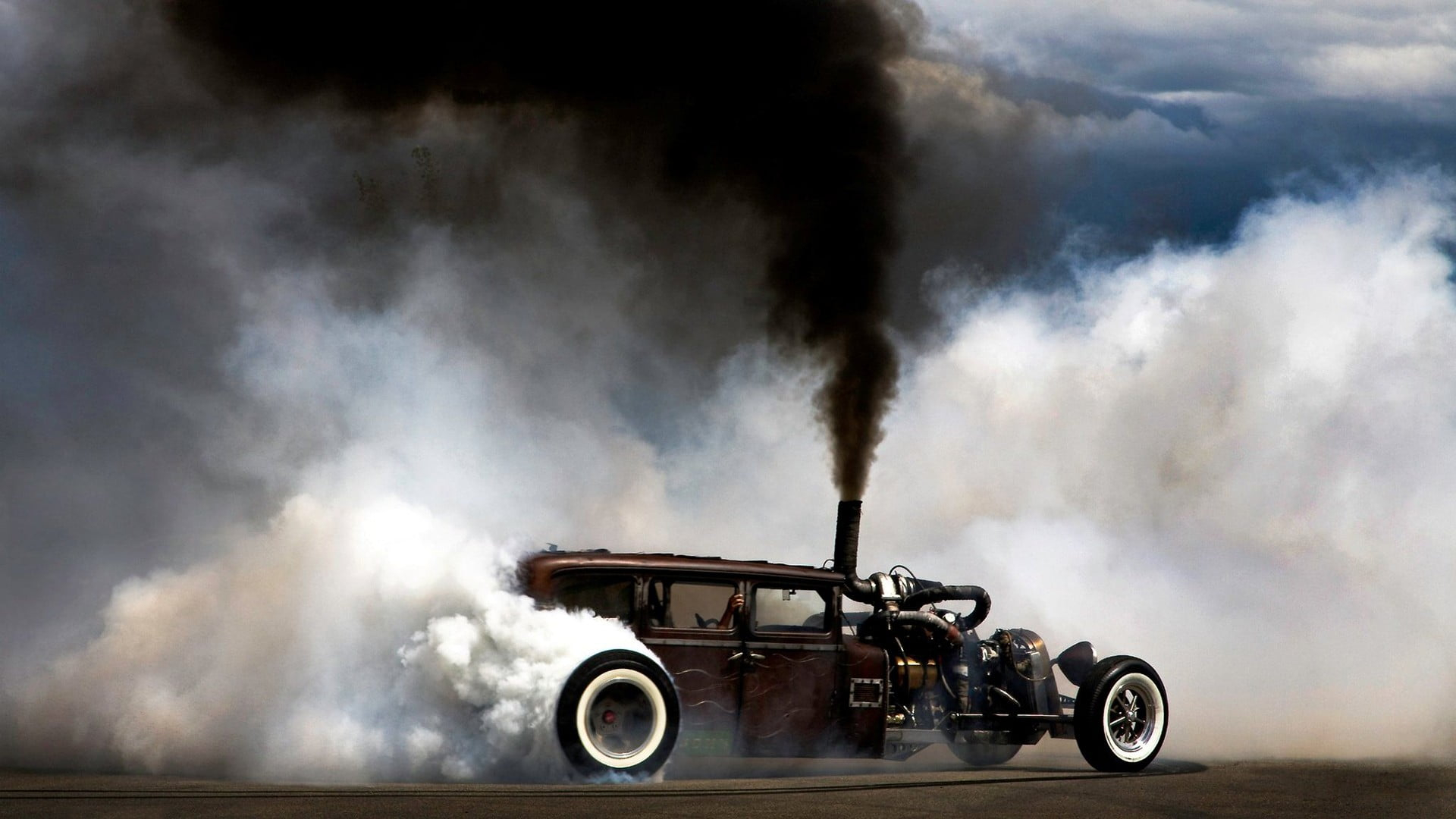 Vintage black coupe, smoke, car, Burnout, Hot Rod, Rat Rod, smoke - physical structure wallpaper