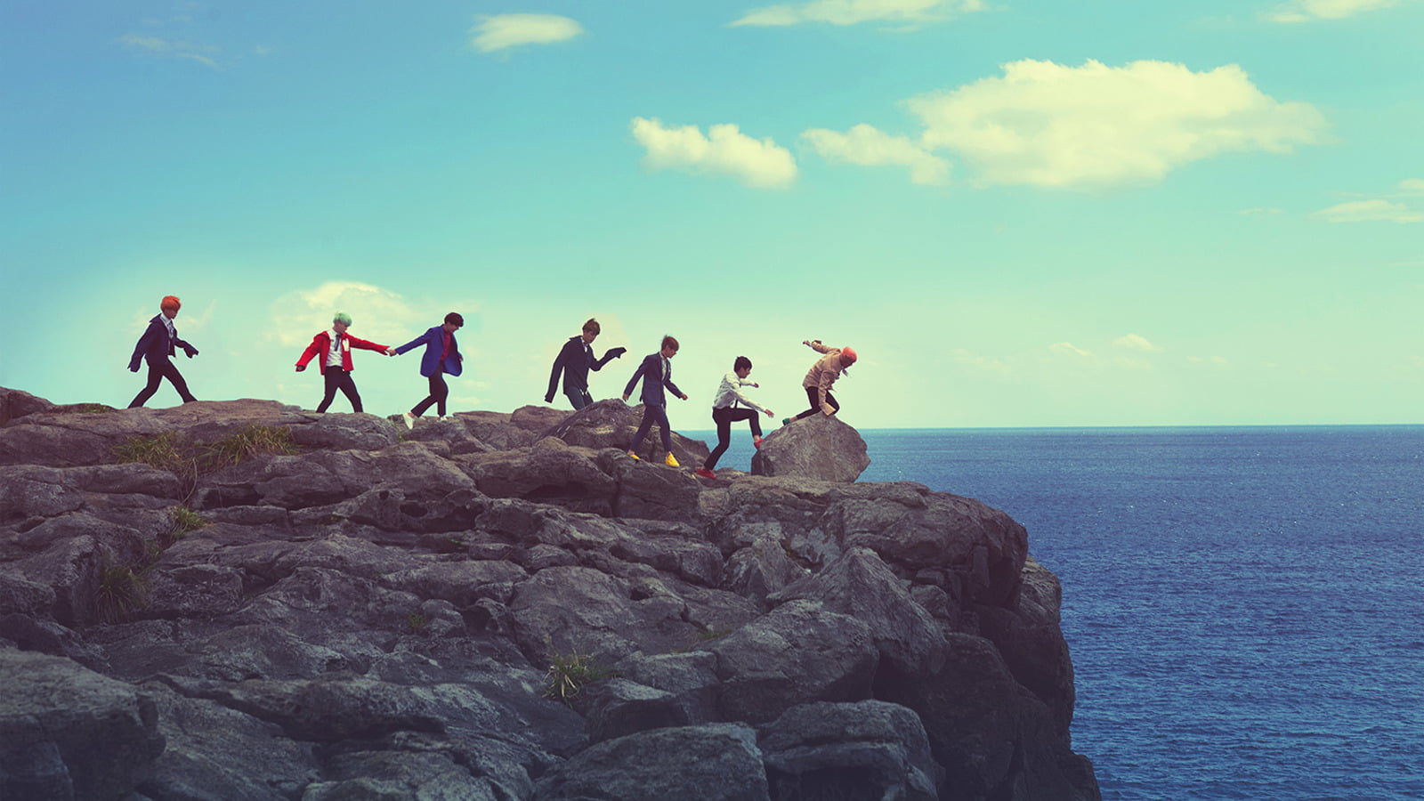 Brown stone hill wallpaper, Music, BTS, sky, sea, water, group of people