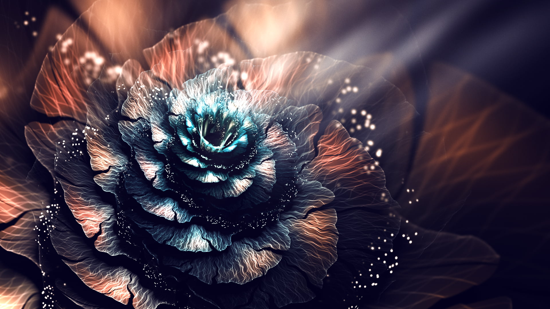 Blue and brown flower 3D wallpaper, abstract, fractal, fractal flowers wallpaper