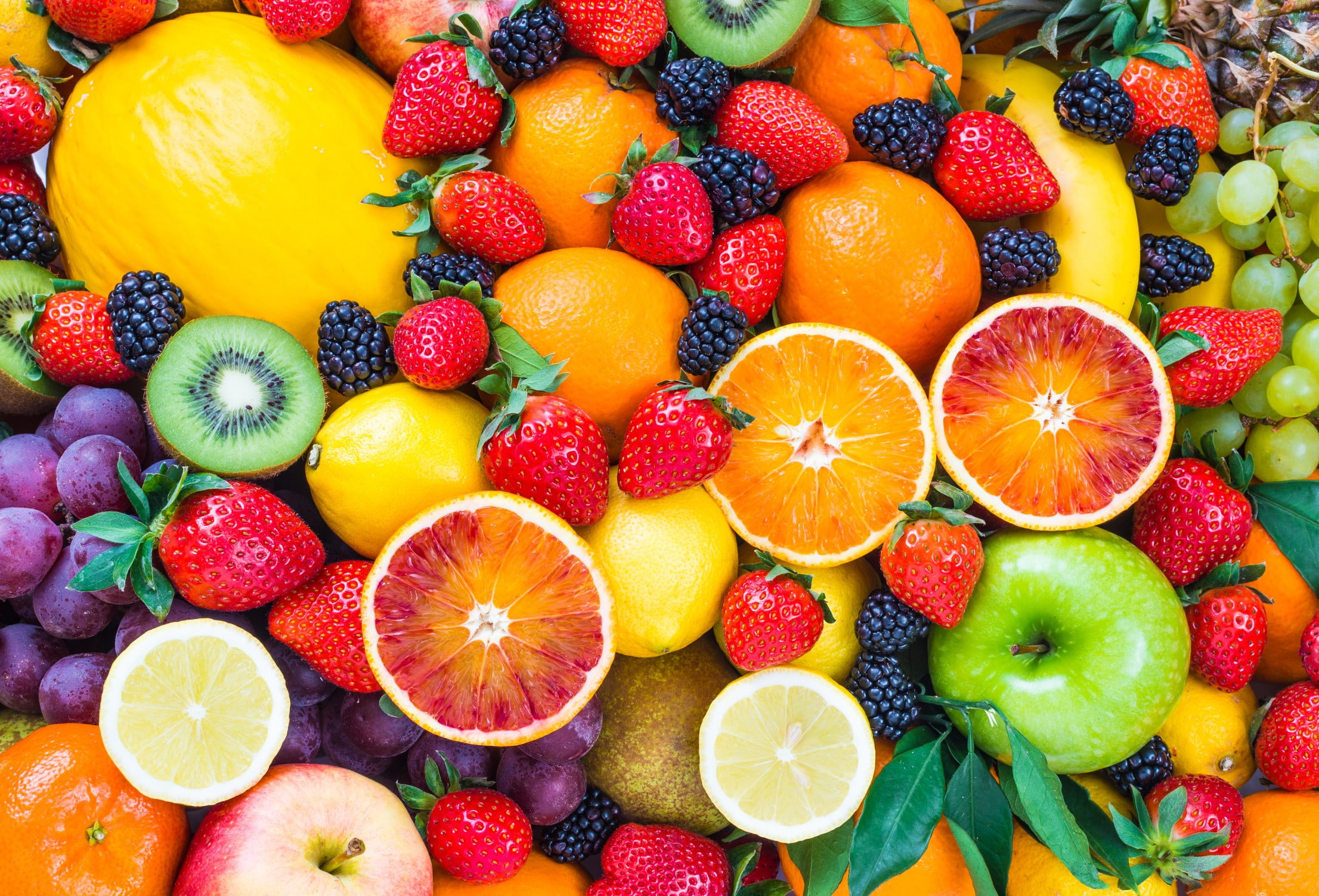 Assorted fruit lot, food, strawberries, blood orange, lemons wallpaper