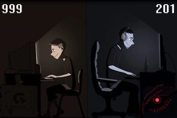 Two man and boy playing computer illustrations, before and after image