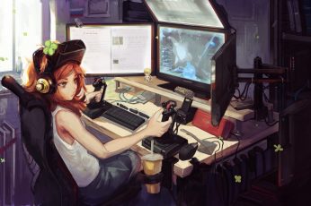 Anime girl computer gamer, girl wearing white tank top illustration